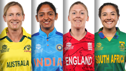 A split image graphic of left to right of Australia captain Meg Lanning, India captain Harmanpreet Kaur, England skipper Heather Knight and South Africa captain Sune Luus