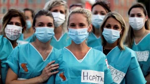 French health workers attend a protest in Nice as part of a nationwide day of actions to urge the French government to improve wages and invest in public hospitals, in the wake of the coronavirus disease (COVID-19) crisis in France, June 30, 2020