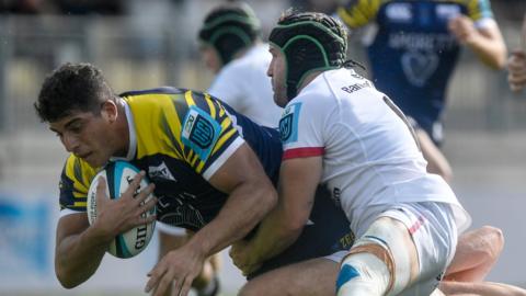 Zebre's Zeb Guido Volpi is tackled in the first half