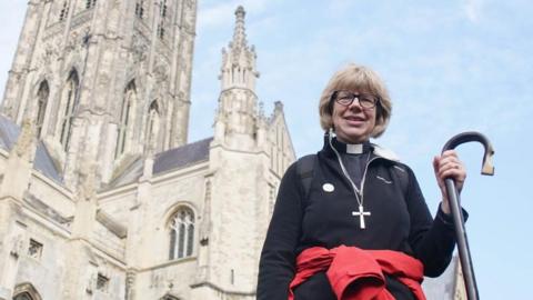 The Archbishop of Canterbury Dame Sarah Mullally at Canterbury Cathedral after an 87-mile pilgrimage from London to Canterbury Cathedral,