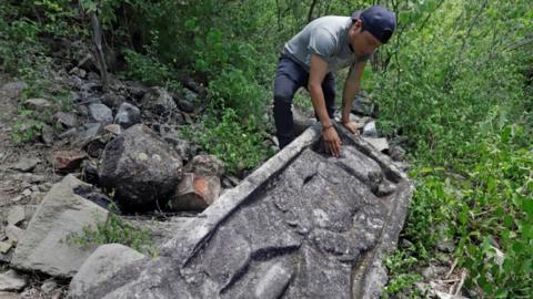 Pre-Hispanic ruins dating from the classical period of the Zapoteca culture on Cerro de la Pena, in the Huehuepiaxtla community of the municipality of Axutla, in the state of Puebla, Mexico, 19 July 20