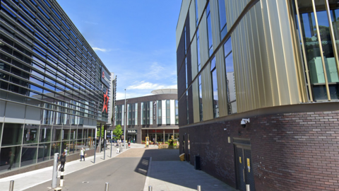 Google Streetview image looking towards Southwater Square in Telford, with a Cineworld cinema on the left and Premier Inn directly ahead