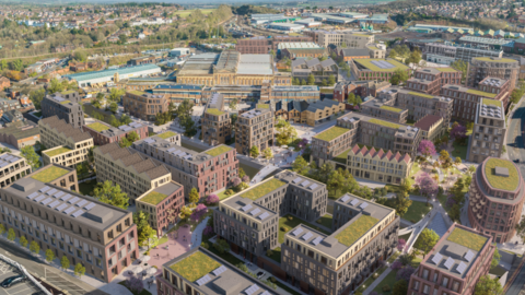 An aerial view of the Shrub Hill development with greenery and high-rise buildings