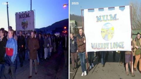 Two pictures, side by side, of miners holding banners. On the left is an image from 1985 of many people walking along a road, some of whom are carrying a large white banner with the words NUM Maerdy Lodge. The same banner is in the second image, and again a crowd walking behind it.