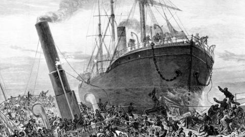 A painted image of a boat surrounded by wreckage and people.