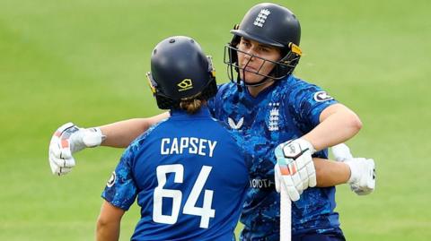 Nat Sciver-Brunt and Alice Capsey celebrate England's win over West Indies