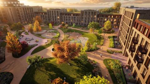 Aerial image mocked up by the developers shows blocks of flats with a courtyard between, with winding paths and trees and grass.