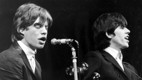 Mick Jagger and Keith Richards of The Rolling Stones performing together