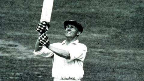 1934: Sir Donald Bradman hits out during a test against England. It was announced 26 Feb 2001 that Sir Donald Bradman had died in Adelaide, Australia. Mandatory Credit: Allsport Australia/ALLSPORT