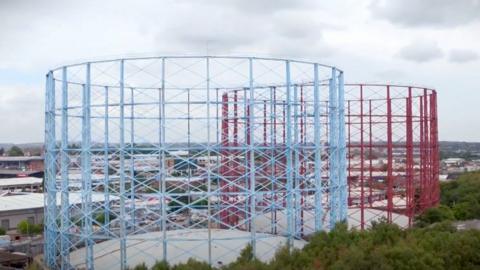 Claret and blue gas holders at Nechells in Birmingham