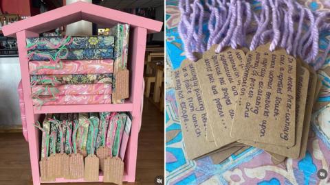 Split image of the mystery bookshelf, the first is a mini-house painted pink with wrapped books and the second a bunch of handwritten tags 