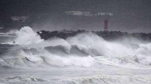 Waves crash on the coast as Typhoon Haishen approaches in Makurazaki, Kagoshima prefecture on September 6, 2020