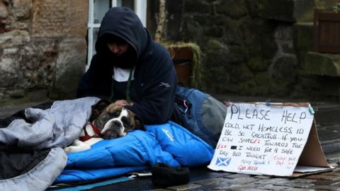 A homeless person sitting in a sleeping bag with a dog on the street, next to a sign asking for money 