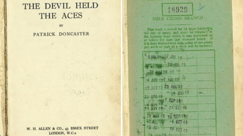 An old library book cover shows the title - and looks very dated - and the inside page has a green sticker with return dates stamped on it.
