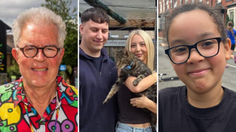 Three side-by-side images; on the left, a man with grey hair, glasses and a colourful shirt. In the middle, a man and woman hold a large tabby cat. On the right, a young child with glasses smiles.