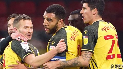 Watford celebrate Troy Deeney's goal against Rotherham