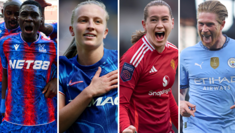 A split picture showing Crystal Palace men's player Ismaila Sarr, Chelsea women's player Aggie Beever-Jones, Manchester United women's player Elisabeth Terland and Manchester City men's player Kevin de Bruyne