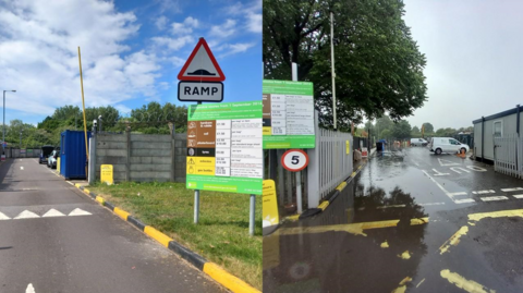 Split image of the entrance to two household recycling centres.