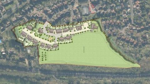 Illustrative bird's eye view of the proposed 42 new homes on Longsdon Way, Caterham. An open green space lies to the southeast of the illustrated properties. The homes are connected by a concrete road and lined with trees.