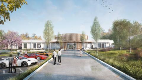 The proposed new exterior for Buckmore Park, showing a wide driveway and sports cars parked to the left side