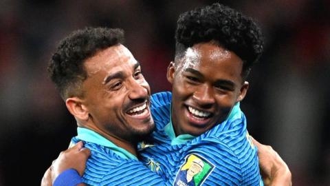 Brazil's Endrick (right) celebrating team's goal against England at Wembley Stadium on Saturday with teammate Danilo