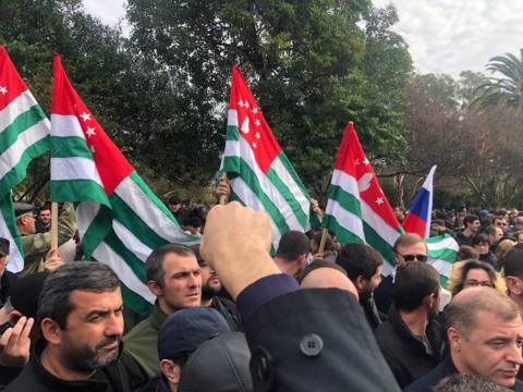 Protesters rally outside parliament building in Abkhazia