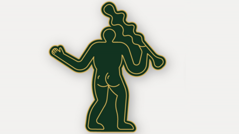 A green pin badge on a white background depicting the Cerne Abbas giant as imagined from behind, showing a bare bottom