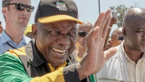 Cyrial Ramaphosa greets supporters on Saturday.