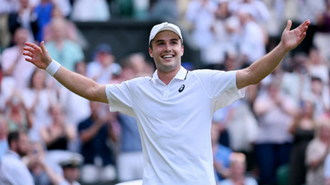 Britain's Arthur Fery celebrates after winning his fourth round match against Bulgaria's Grigor Dimitrov.