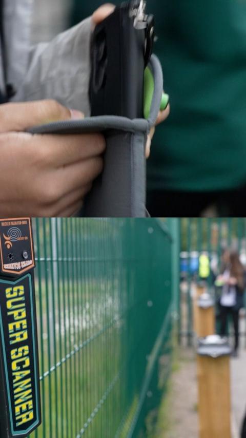 A split screen image. On the bottom a handheld security scanner is hanging on a green metal fence. On the top a pupil's hands are putting a phone into a grey bag just slightly bigger than the phone itself.