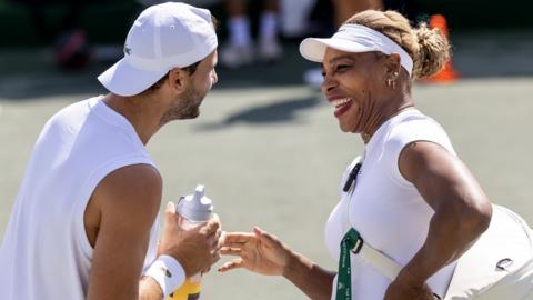 Serena Williams speaks to Grigor Dimitrov at Wimbledon