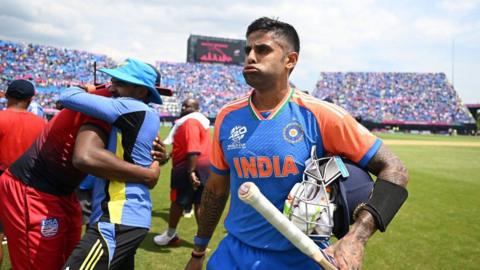 India batter Suryakumar Yadav looks relieved after victory over USA