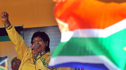 A file photo of Winnie Madikizela-Mandela addressing members of South Africa"s ruling party African National Congress (ANC) during a street party on June 04, 2010