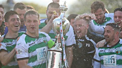 Captain Chris Marrioot and his New Saints team-mates celebrate with the Welsh Cuo