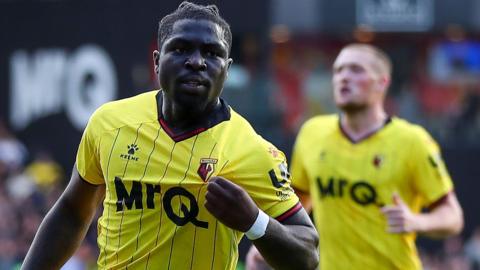 Festy Ebosele celebrates after scoring a goal for Watford against Sunderland in September