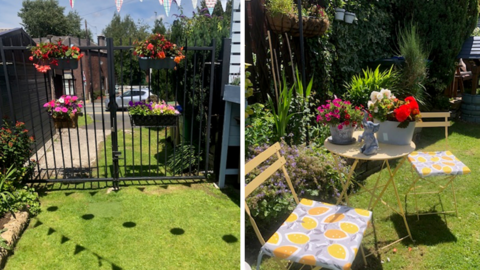 A composite image of two pictures of the winning alleyway. On the left are the gates to the alleyway which have been decorated with hanging flower baskets. On the right are two garden chairs with a table between them decorated with flowers.