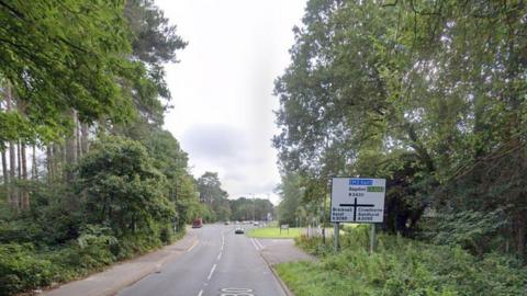 Tall trees line the road leading up to a junctions with traffic lights a road sign stand on the verge