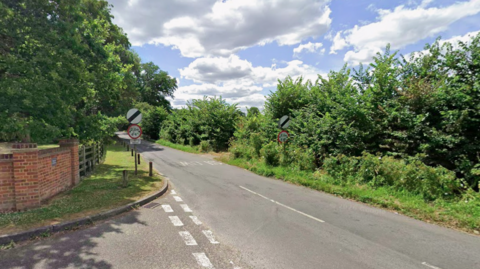 A Google Maps image of Blagrove Lane in Wokingham on a pleasant day, with bushes and trees on one side of the road and a building and other bushes and trees on the other.