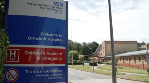 Sign outside the entrance to Ormskirk Hospital