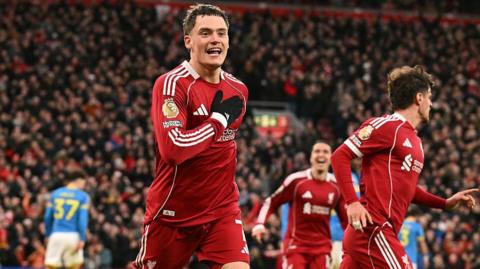 Florian Wirtz celebrates his first Liverpool goal