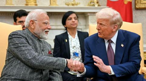 US President Donald Trump shakes hands with Indian Prime Minister Narendra Modi in the Oval Office of the White House in Washington, DC, on February 13, 2025
