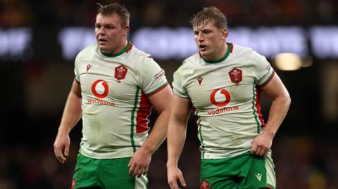 Dewi Lake (left) and Jac Morgan standing on the pitch at the Principality Stadium during Wales' Test match against South Africa in November 2024