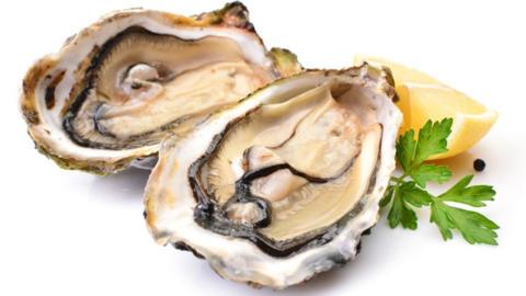 An oyster split in half with parsley and a wedge of lemon