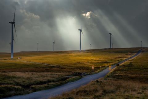 Windfarm lit up for a shaft of sunlight