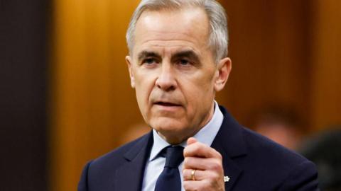 Mark Carney, in a blue suit and tie, gestures as he speaks