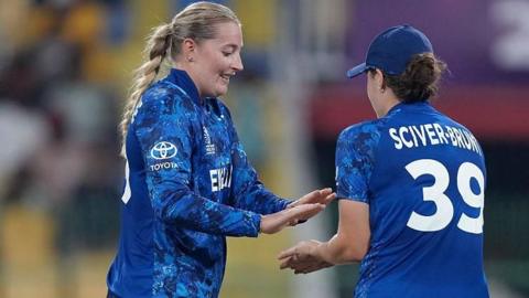 England bowler Sophie Ecclestone (left) celebrates a wicket with Nat Sciver-Brunt