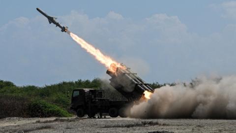 A Japan Ground Self-Defense Force (JGSDF) Type 88 surface-to-ship missile launcher fires during the Joint Task Force (JTF) Maritime Strike, part of Balikatan