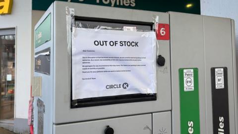 A petrol pump that has a page that says out of stock