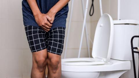 Man wearing a blue t-shirt and checked shorts, stood next to a toilet holding his crotch. 