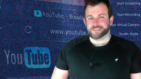 Stephen McCullagh pictured in a black t-shirt superimposed over an image of a computer screen displaying options that include: start streaming, start recording, start virtual camera, studio mode.